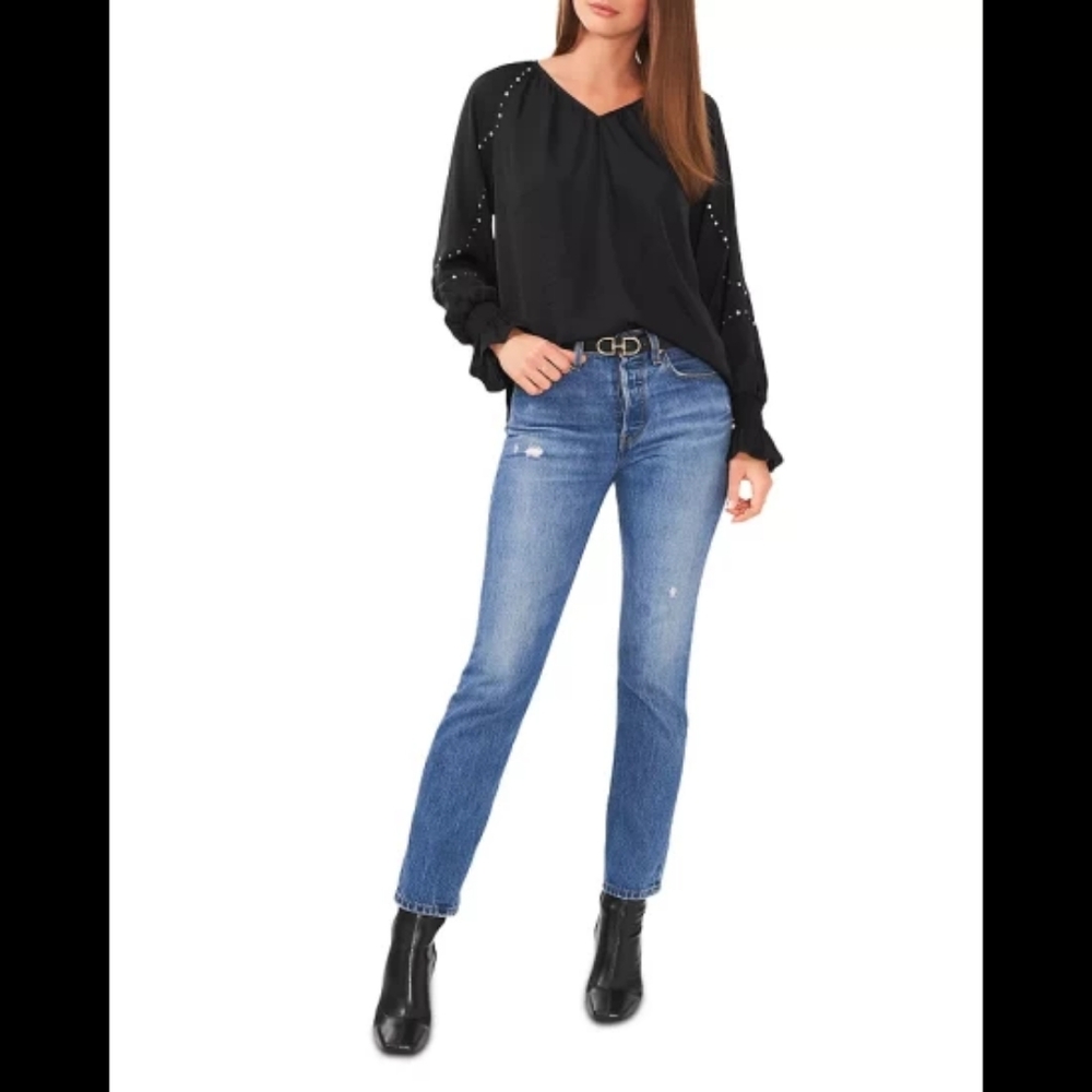 Vince Camuto- Embroidered V-Neck Studded Long Sleeve Blouse
